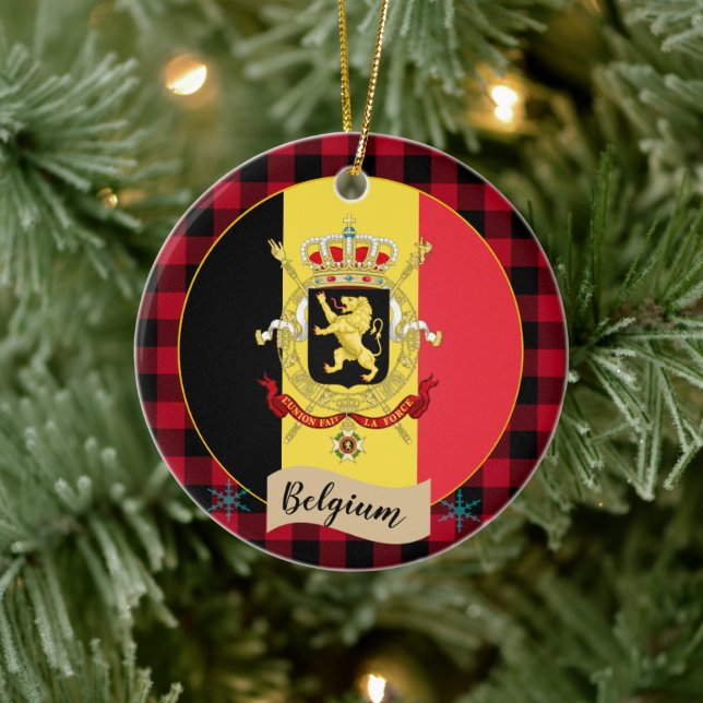 Belgium, Red buffalo plaid & Belgian Flag Ceramic Ornament (Tree)
