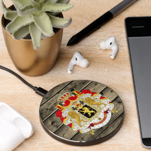 Belgium Rustic Wood, Belgian Coat of Arms, flag Wireless Charger