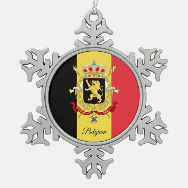 Belgium snowflake, Belgian Flag Snowflake Pewter Christmas Ornament (Front)
