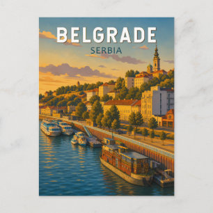 Belgrade Serbia Illustration Travel Art Vintage Postcard