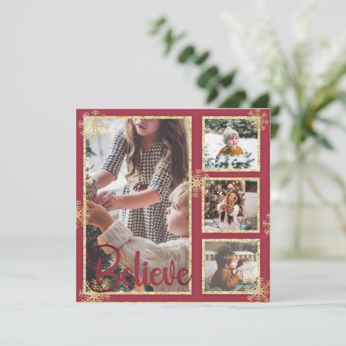 Believe 4 Photo Snowflakes Christmas Holiday Card