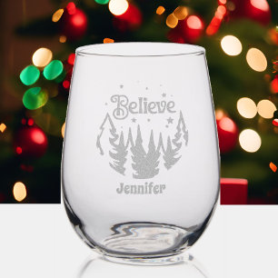 Believe Add Name Etched Trees & Stars Stemless Wine Glass
