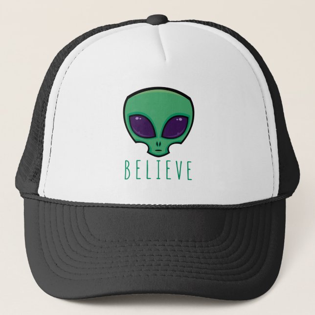Believe Alien Head Trucker Hat (Front)
