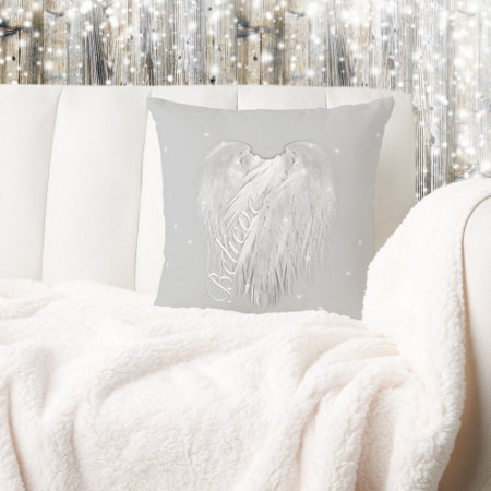 Believe Angel Wings Gray Heart With Stars Throw Pillow