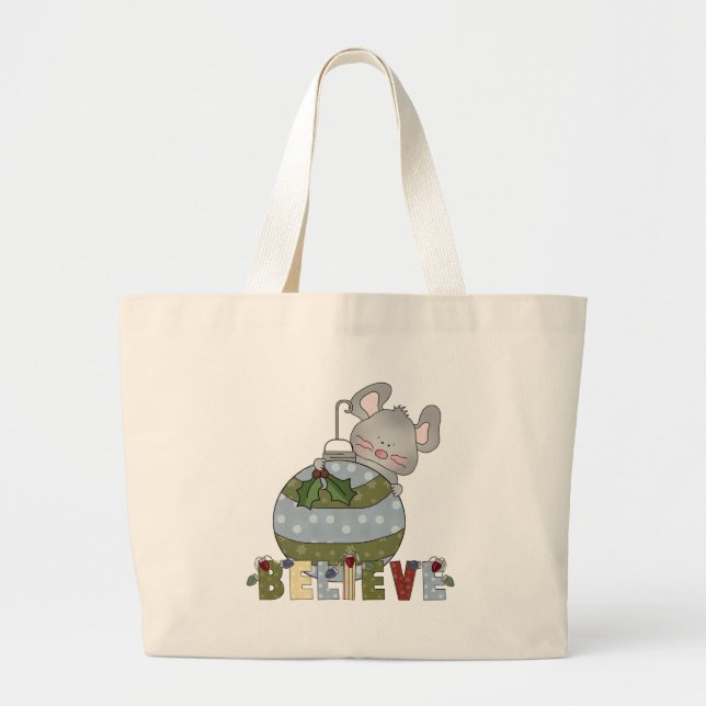 Believe Animals Gray Mouse Ornament Christmas Large Tote Bag (Front)