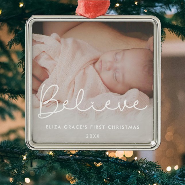 Believe Baby's first Christmas Cute Photo Metal Ornament (Creator Uploaded)