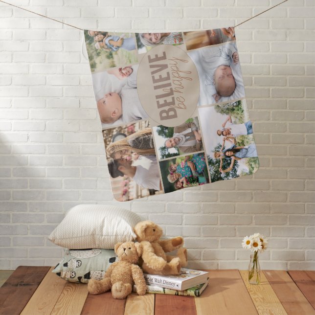 Believe Be Happy 10 Photo Collage Neutral Beige Baby Blanket (In Situ)