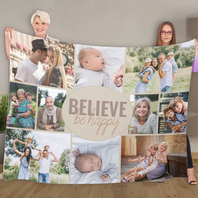 Believe Be Happy 10 Photo Collage Neutral Beige Fleece Blanket (Creator Uploaded)