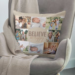 Believe Be Happy 10 Photo Collage Neutral Beige Throw Pillow<br><div class="desc">Photo Collage Pillow with 10 of your favorite photos. The wording in the center reads "believe be happy" and is lettered in bold typography and casual, skinny font script. The photo template is set up for you to add 10 pictures, which are displayed in landscape, square and portrait pictures to...</div>