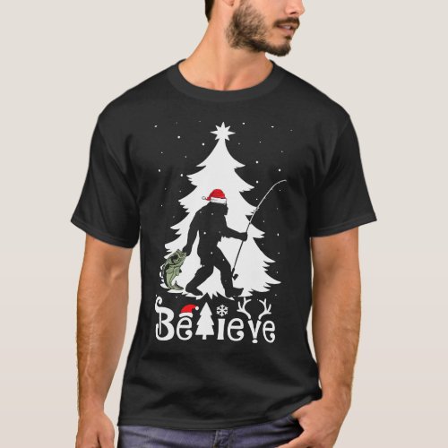 Believe Bigfoot Fishing Christmas T_Shirt