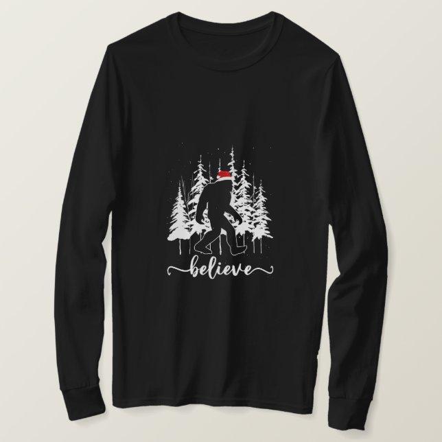 Believe Bigfoot Light Santa Squatch Christmas Tree T-Shirt (Design Front)