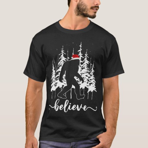 Believe Bigfoot Light Santa Squatch Christmas Tree T_Shirt