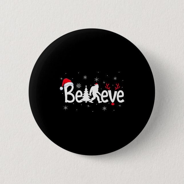 Believe Bigfoot Sasquatch Reindeer Santa Hat Merry Button (Front)