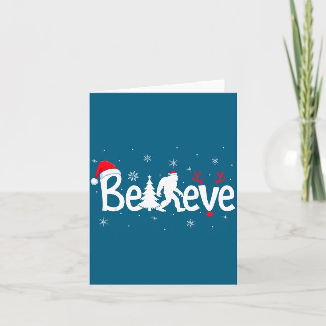 Believe Bigfoot Sasquatch Reindeer Santa Hat Merry Card (Front)