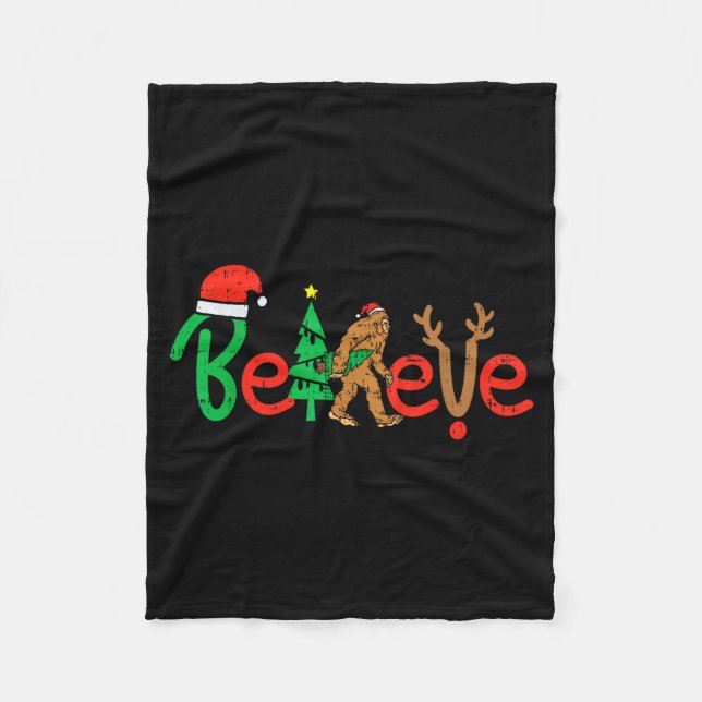 Believe Bigfoot Sasquatch Santa Reindeer Christmas Fleece Blanket (Front)