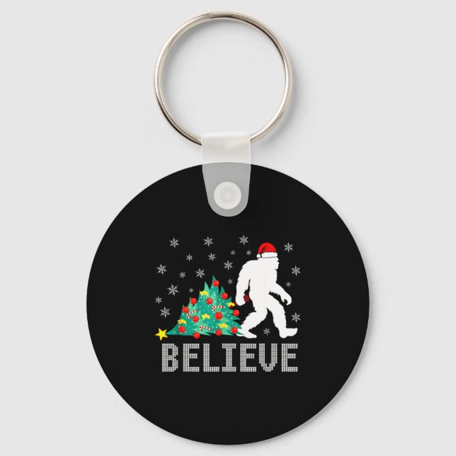 Believe Bigfoot Sasquatch Santa Reindeer Christmas Keychain (Front)