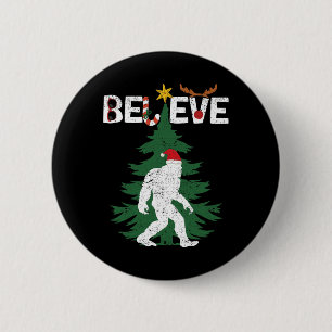 Believe Bigfoot Sasquatch Yeti Santa Hat Christmas Button