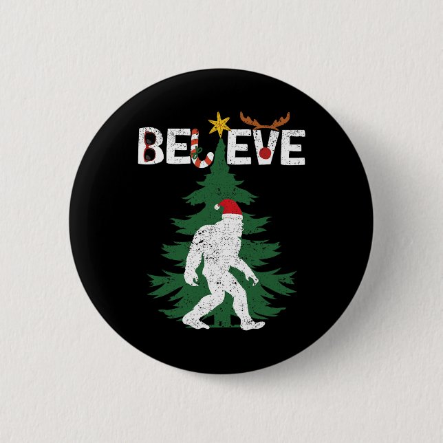 Believe Bigfoot Sasquatch Yeti Santa Hat Christmas Button (Front)