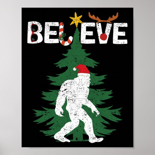 Believe Bigfoot Sasquatch Yeti Santa Hat Christmas Poster (Front)