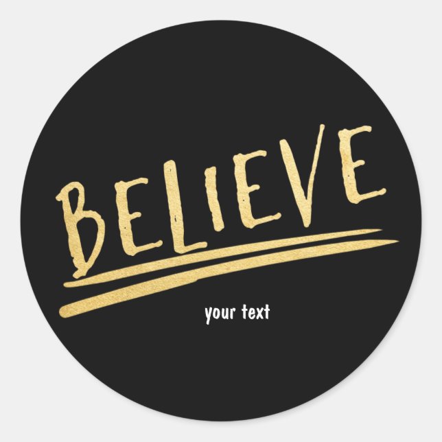BELIEVE Black & Gold Modern Chic Holiday Sticker (Front)