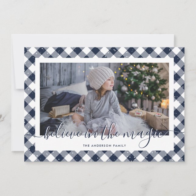 Believe Blue Plaid Snow Calligraphy Photo Holiday Card (Front)