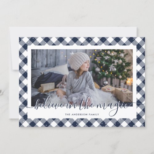 Believe Blue Plaid Snow Calligraphy Photo Holiday Card