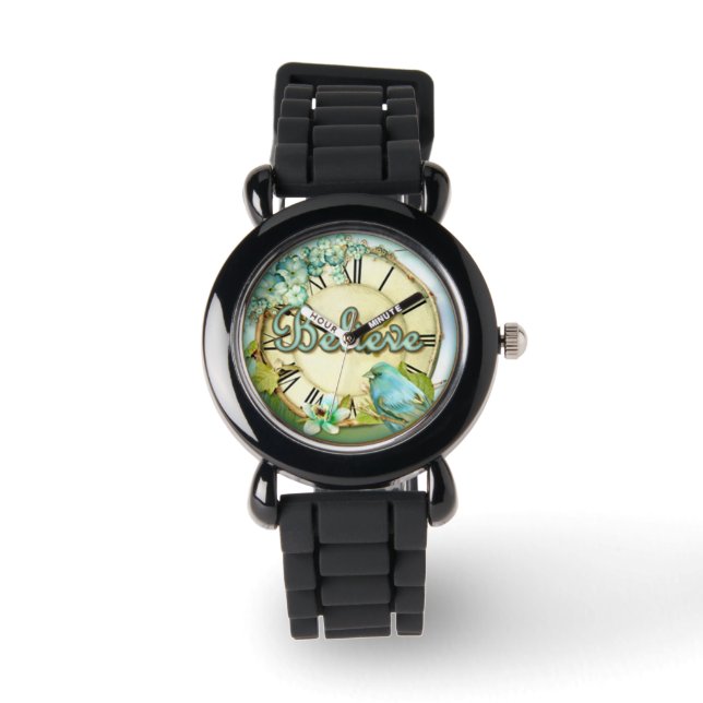 BELIEVE bluebird and floral girly design Watch (Front)