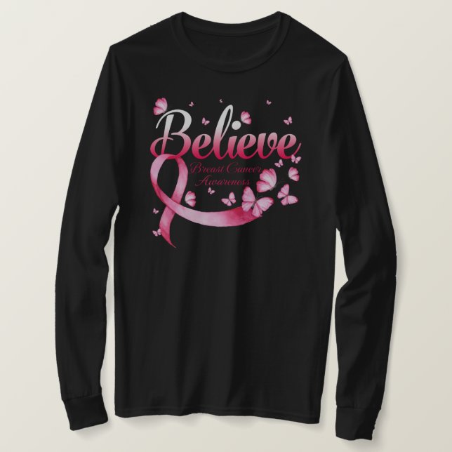 Believe Breast Cancer Butterfly T-Shirt (Design Front)