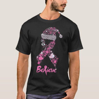 Believe Breast Cancer Ribbon Christmas Santa Hat T-Shirt