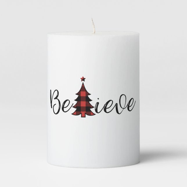 Believe Buffalo Plaid Christmas Tree Pillar Candle (Front)