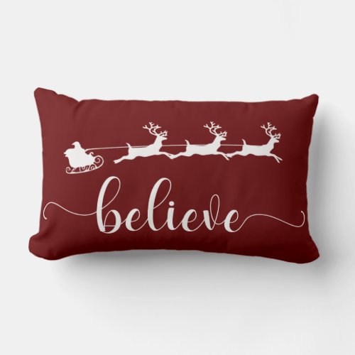 Believe  Burgundy Christmas Holiday Lumbar Pillow