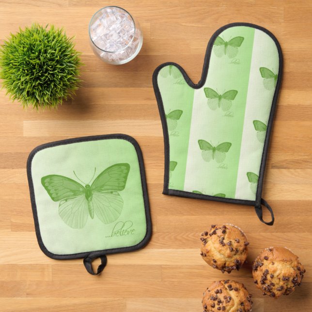 Believe Butterfly Lime Oven Mitt & Pot Holder Set (Top Down)