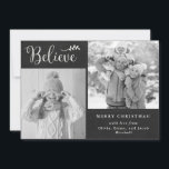 Believe | Chalkboard Christmas Photo Collage Holiday Card<br><div class="desc">This trendy and rustic holiday card says "Believe" in chalk white colored handwritten script,  with a matching botanical Christmas branch. Add two of your favorite personal photos onto the black,  chalkboard look background. The back of the card has a black and white gingham plaid pattern.</div>