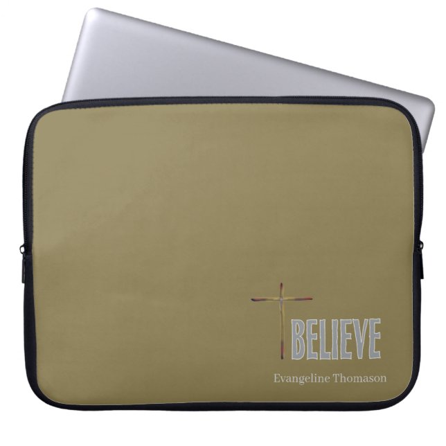Believe Christian Cross Custom Name Ladies Gold Laptop Sleeve (Front)