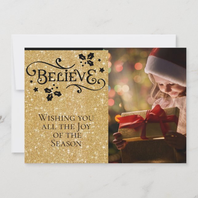 BELIEVE /Christmas/2-Sided/Gold-Black Personalized Holiday Card (Front)