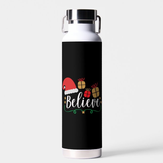 Believe - Christmas Believe, Santa Hat, Santa Water Bottle (Front)