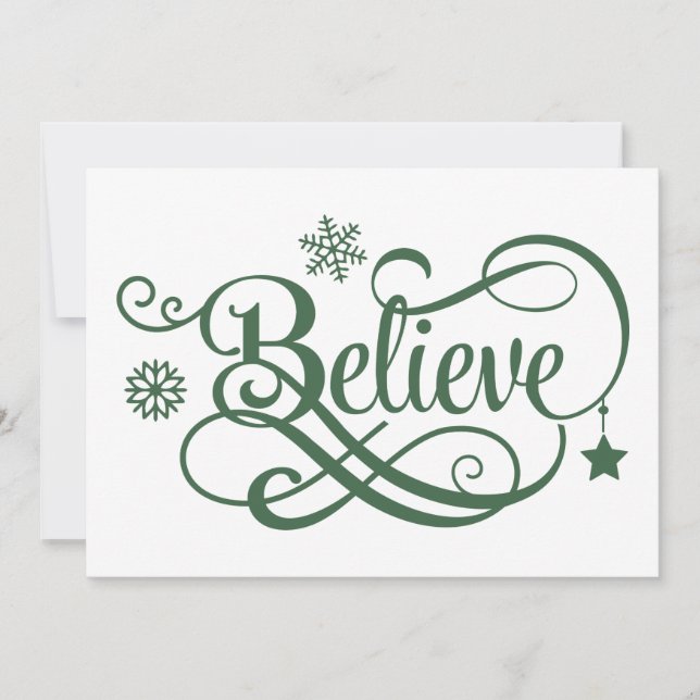 Believe Christmas Card Green Snowflakes Stars (Front)