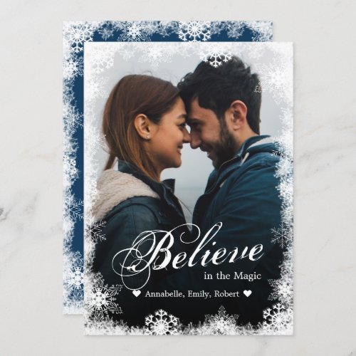 Believe Christmas Cards Modern Snowy Holiday Photo