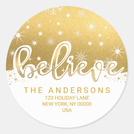 Believe Christmas Gold Handwritten Address Classic Round Sticker