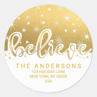 Believe Christmas Gold Handwritten Address Classic Round Sticker