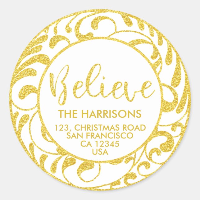 Believe Christmas Gold Handwritten Return Address Classic Round Sticker (Front)