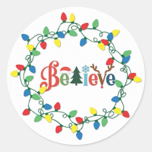 Believe Christmas Holiday Lights Classic Round Sticker