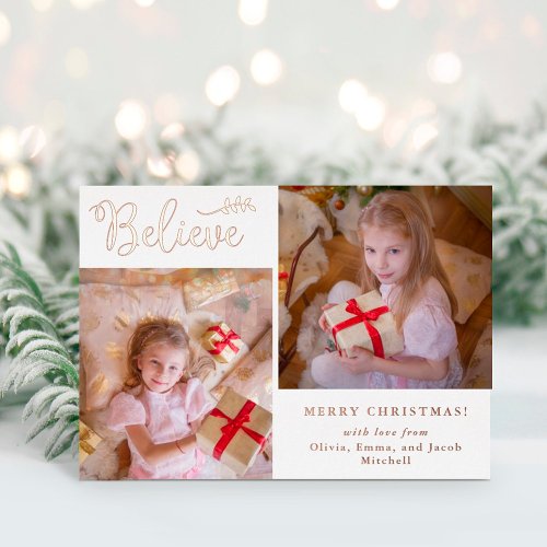 Believe  Christmas Photo Collage Rose Gold Foil Holiday Card