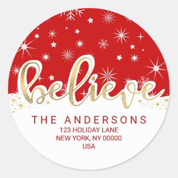 Believe Christmas Red Gold Script Return Address Classic Round Sticker by HolidayInk at Zazzle