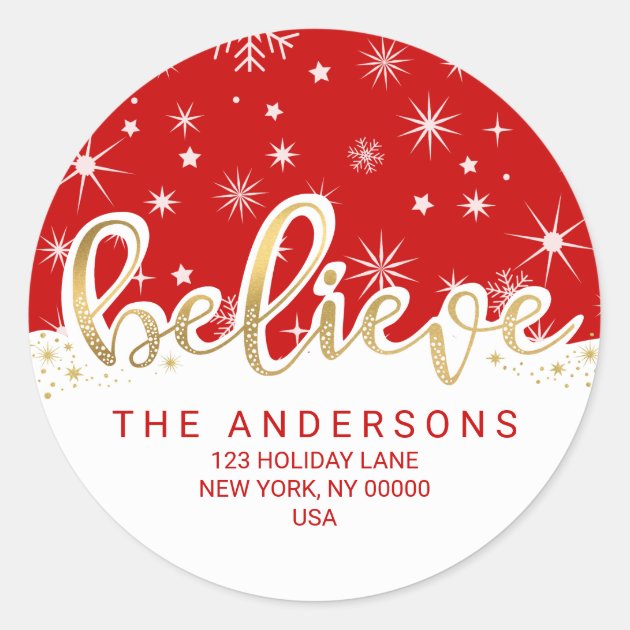 Believe Christmas Red Gold Script Return Address Classic Round Sticker