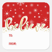 Believe Christmas Red Handwritten Gift Tag Sticker