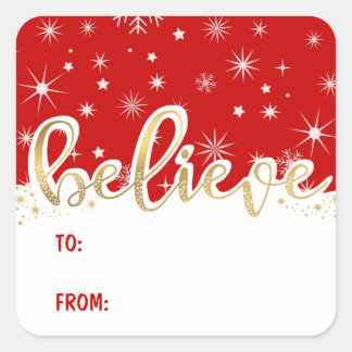 Believe Christmas Red Handwritten Gift Tag Sticker