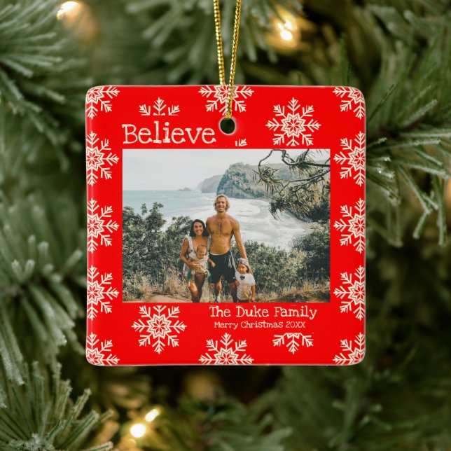 Believe Christmas Red Snowflakes Family Photo Ceramic Ornament (Tree)