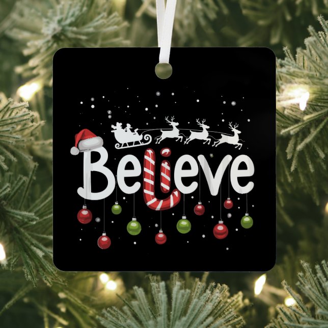 Believe Christmas Santa Claus Reindeer Candy Cane  Metal Ornament (Insitu)