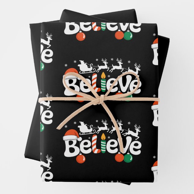Believe Christmas Santa Sleigh Reindeer Candy Cane Wrapping Paper Sheets (In situ)